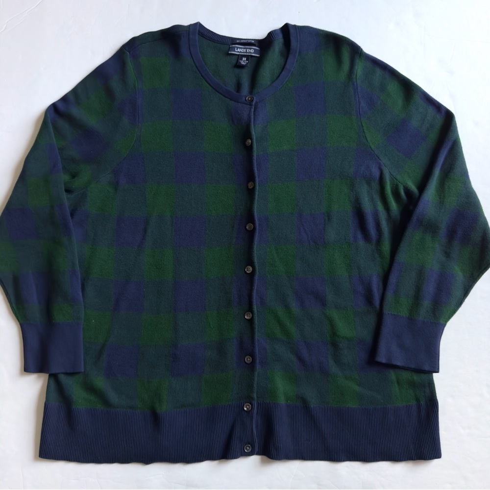 Lands End Checkered Plaid Cardigan Sweater Womens 3X Blue Green Button Up Cotton